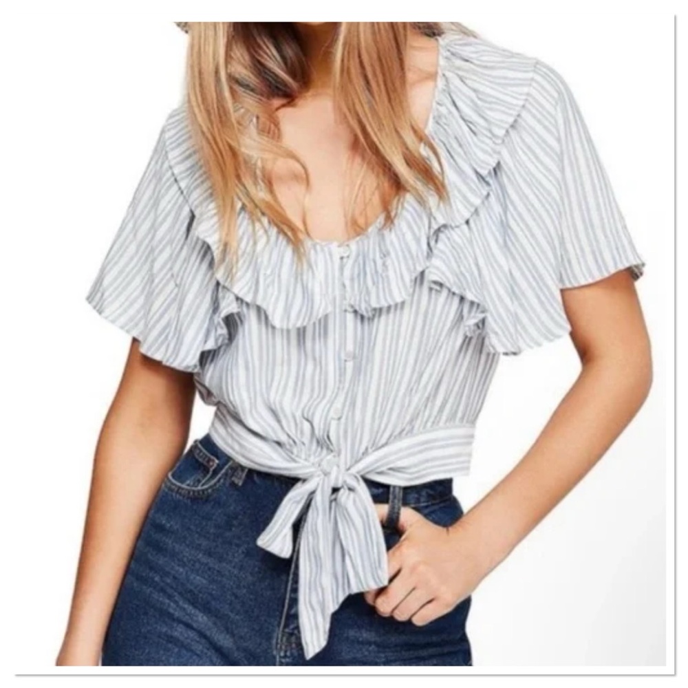 Free People The Rosemary Crop Ruffle Collar Top Sz XS Rayon Blue & White